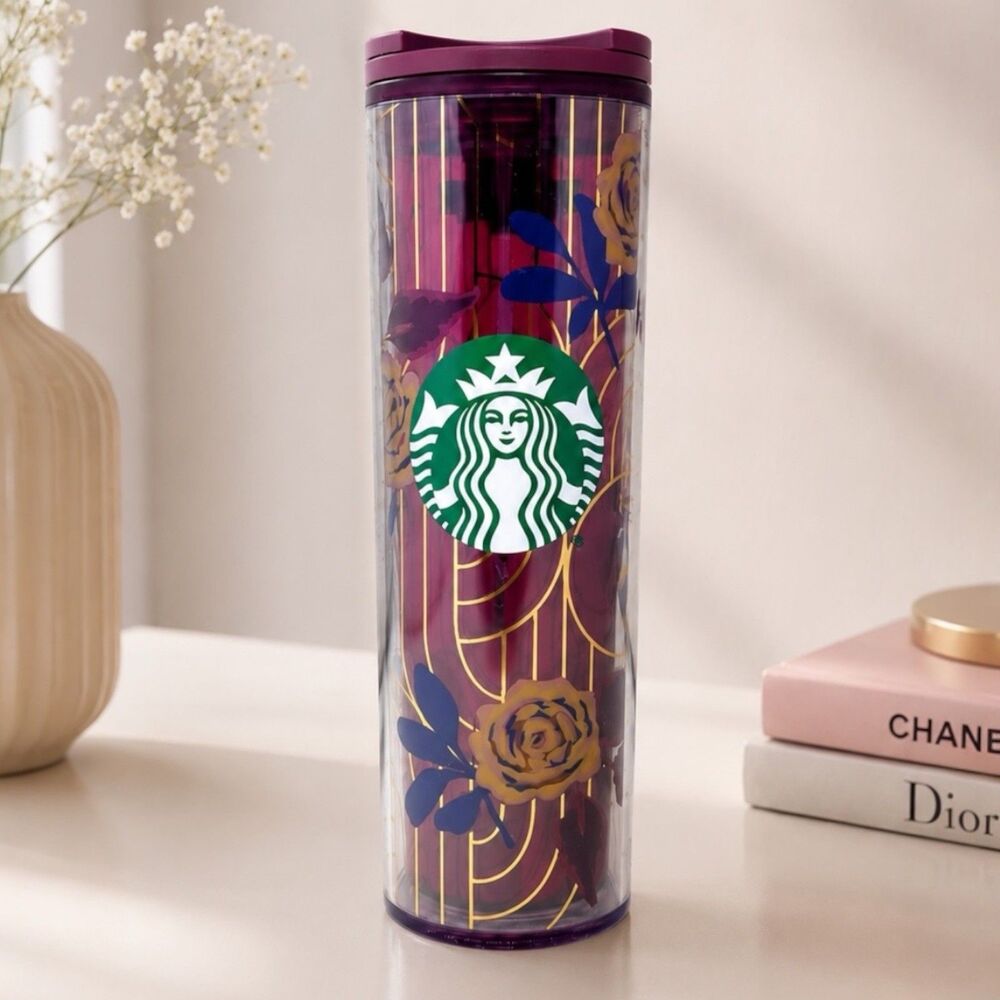 Starbucks Tumbler 16oz Travel Mug Burgundy Rose Floral Cottage Chic Logo Cup